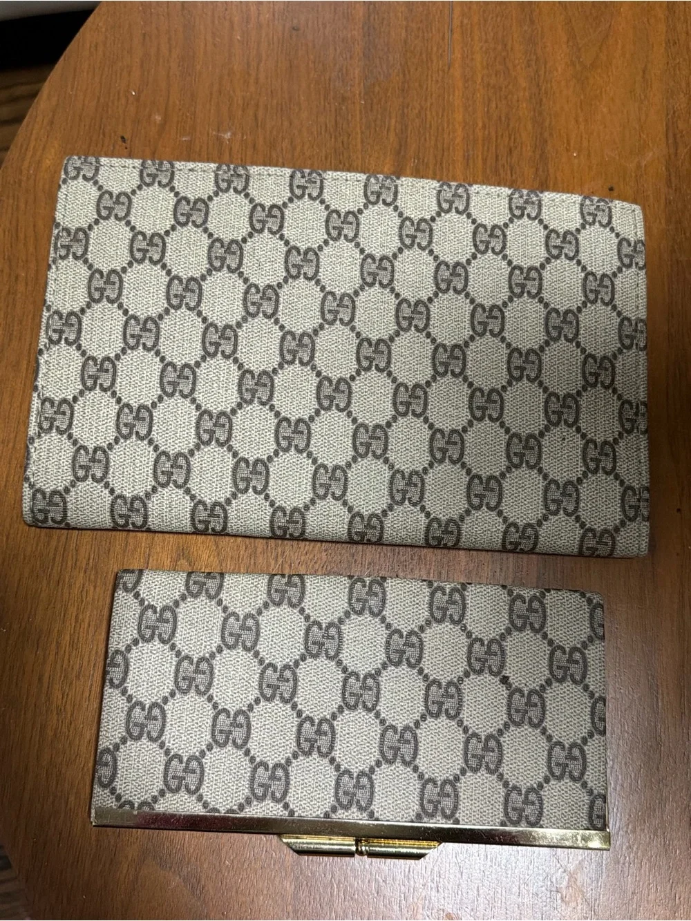 Gucci Beige and Brown GG Monogram Clutch and wallet Set with Gold-Tone Accents
